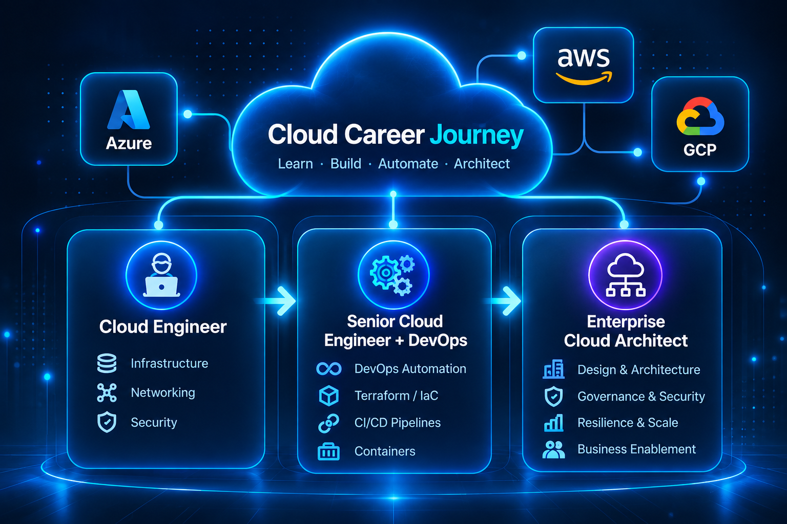 Cloud Career Journey from Cloud Engineer to Senior Cloud Engineer with DevOps to Enterprise Cloud Architect